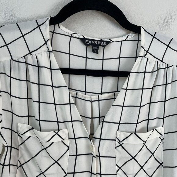 Express Womens XS White Black Grid Pattern Button Up Blouse Roll Tab Sleeve Top - Picture 2 of 8